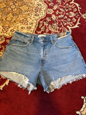 High-Rise Distressed Denim Shorts - Blue